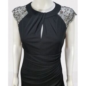 Betsy & Adam Black Halter Maxi Evening Gown Rouging Embellished Shoulders Sz 8